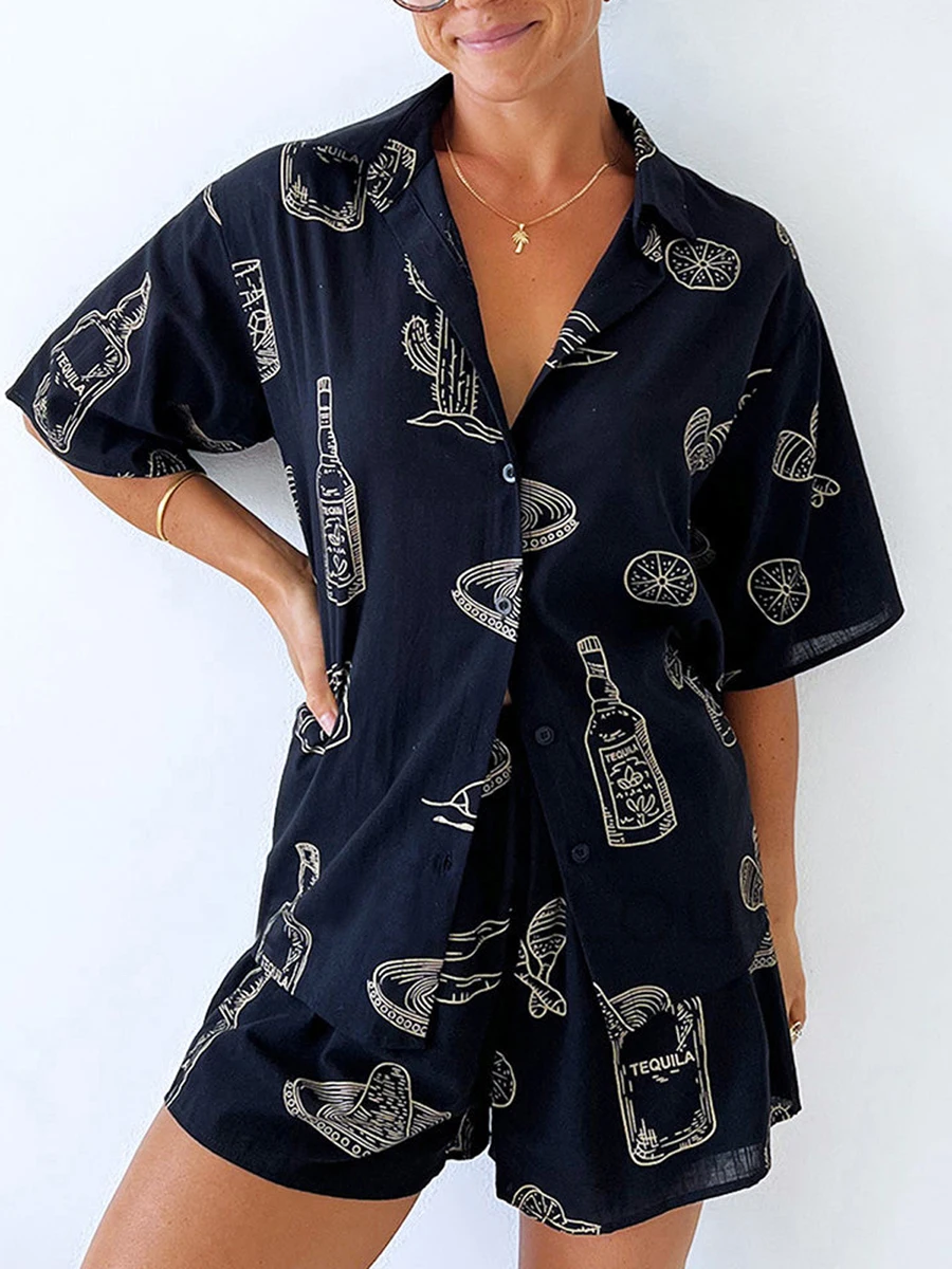 Women Pajamas Set 2 Pieces Loungewear Suits Tacos Tequila Letter Print Short Sleeve Loose Tops and Shorts Sleepwear Outfits