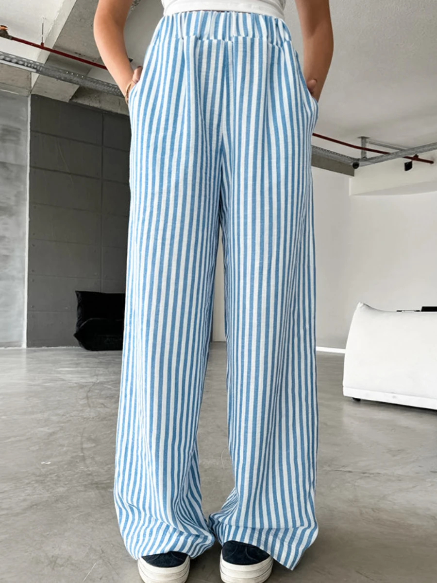 Bronladies High Waisted Thin Pants Women\'s Stripe Versatile Fashionable Loose Trousers Casual Office Lady Wide Leg Pants Summer