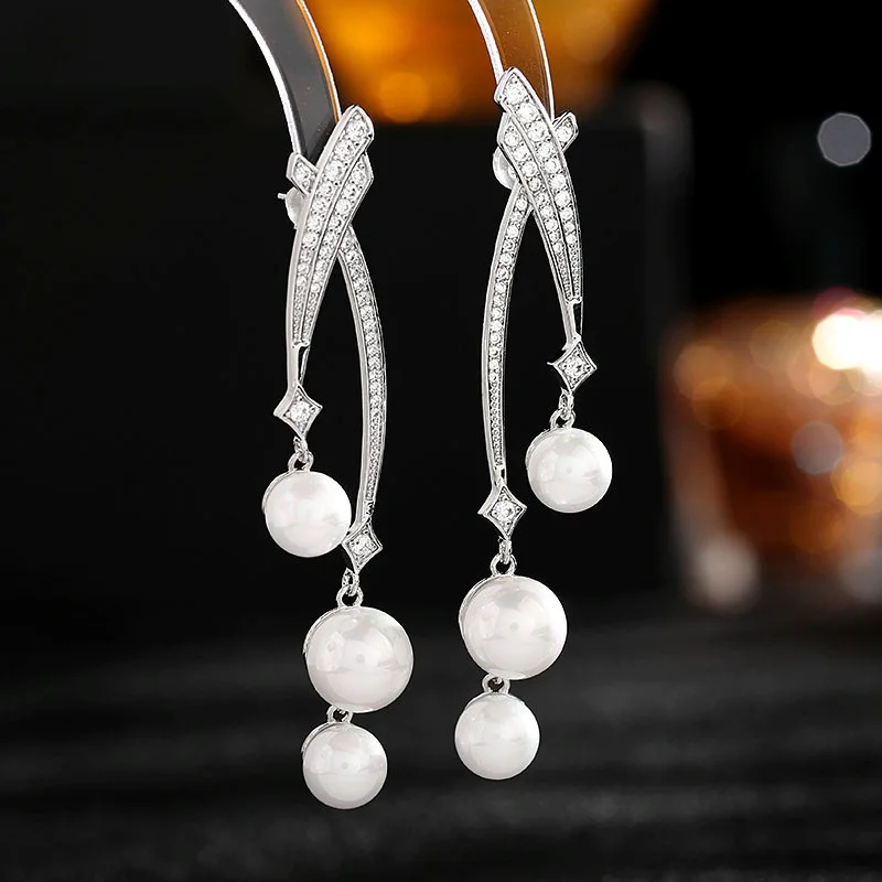 S925 Silver Post Cross Line Rhinestone Inlaid Long Dangle Earrings Imitation Pearl Drop Earrings For Women Wedding Party Jewelry
