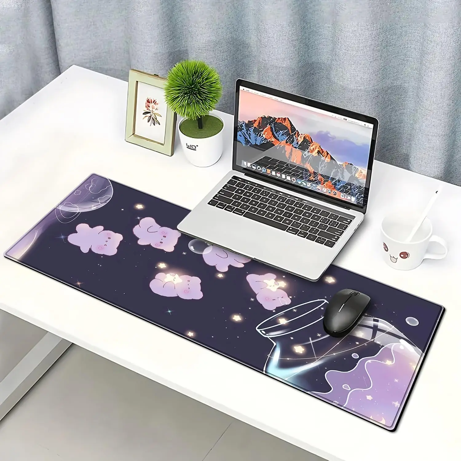 Cute Cartoon Gaming Mouse Pad 31.5x11.8 Inch Extended Non-Slip Rubber Base Mouse Mat with Stitched Edges for Home Gift Office