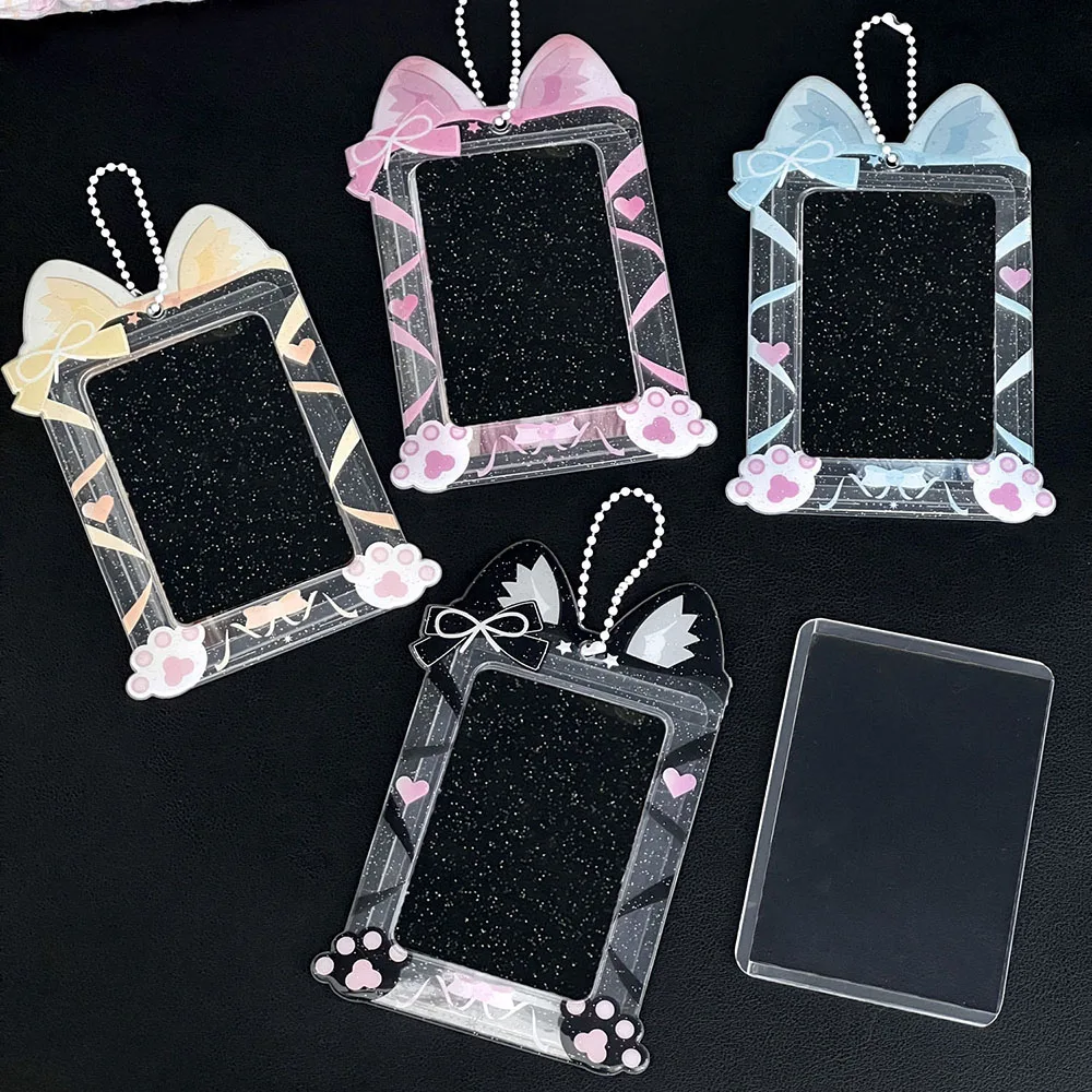 3 Inch Card Holder Cat Ribbon Pattern Photo Sleeves Cartoon Photocards Protector Lovely Glitter Card Organizer Cute Bag Pendant