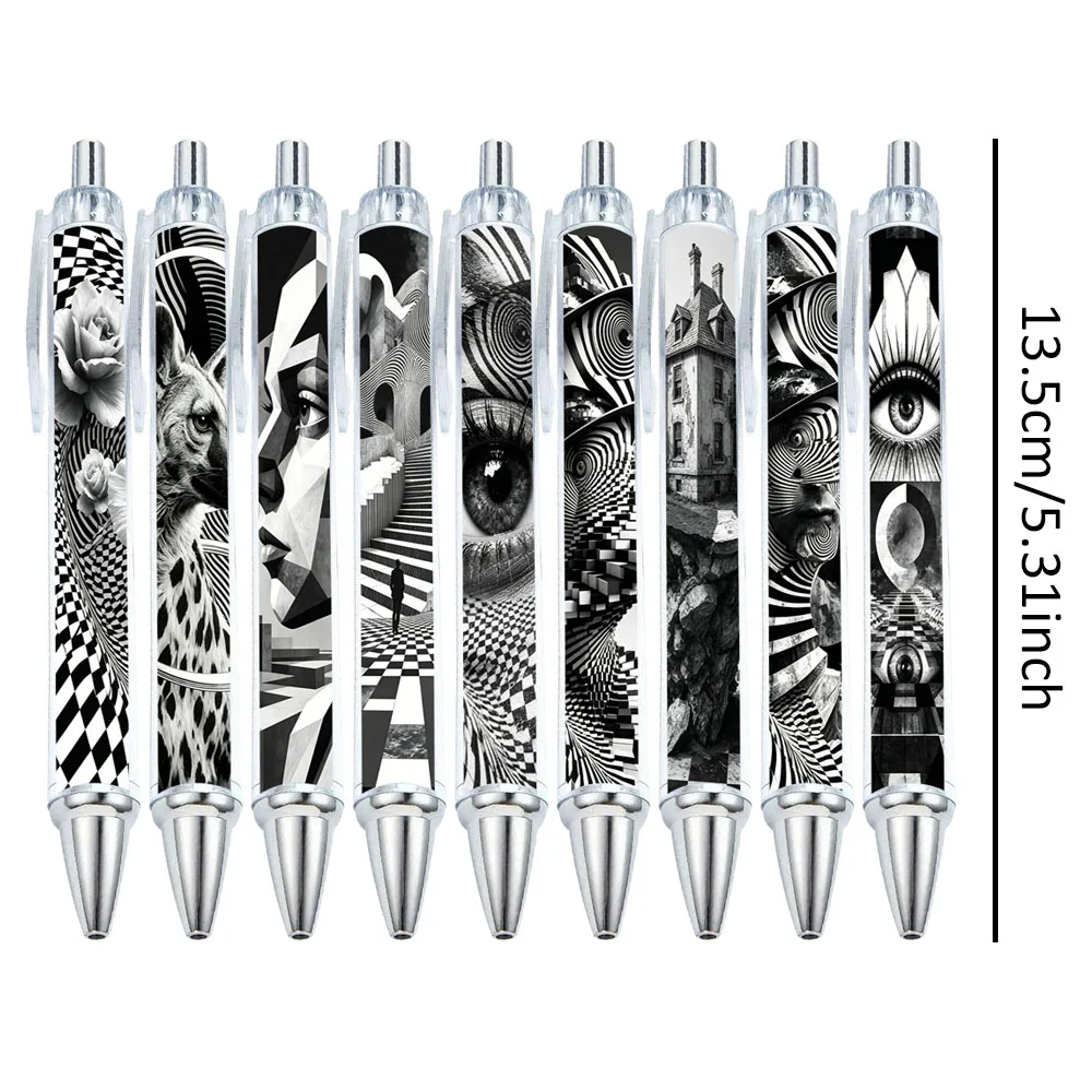 9/17 PCS Black and White Illusion Surreal Art Style Ballpoint Pens - Educational Office Supplies - Random Patterns