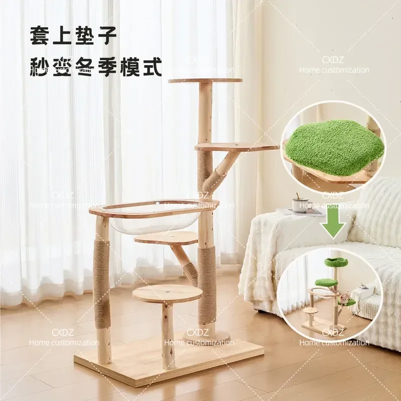 Cat Climbing Frame with Integrated Nest All Season Removable Washable Solid Wood Space Capsule Cat Tree Shelf for Large Fat