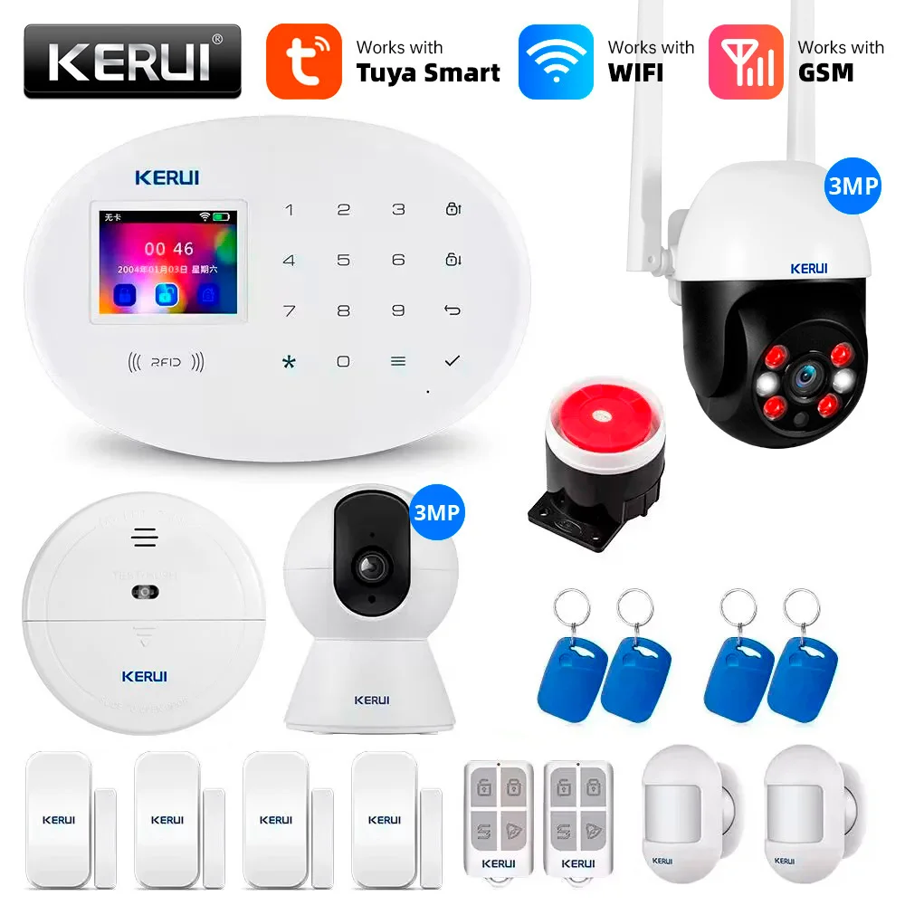 KERUI Tuya WIFI System alarmowy GSM Inteligentne bezpieczeństwo w domu Buglar Aplikacja RFID Bezprzewodowy czujnik ruchu drzwi Detektor Kamera IP Syrena Alexa