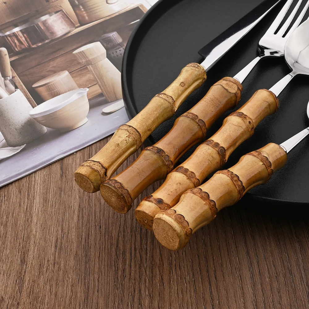 Silver 24Pcs Creative Home Bamboo Handle Dinnerware Cutlery Set Stainless Steel Tableware Steak Knives Fork Spoon Set For Home