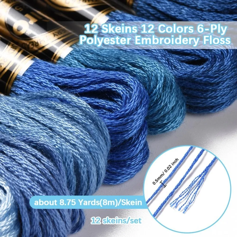 12 Skeins 105 Yards 6 Ply Variegated Embroidery Thread Friendship Bracelets String Blue Gradient Cross Stitch Floss Yarn Thread