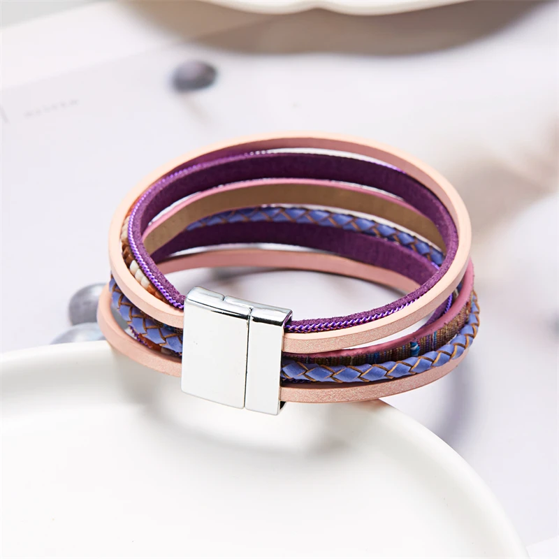 Böhmische Vintage mehr schicht ige Leder armbänder für Frauen hand gefertigte gewebte Leder breite Magnet verschluss Herren Armreif Modeschmuck – Detail 11