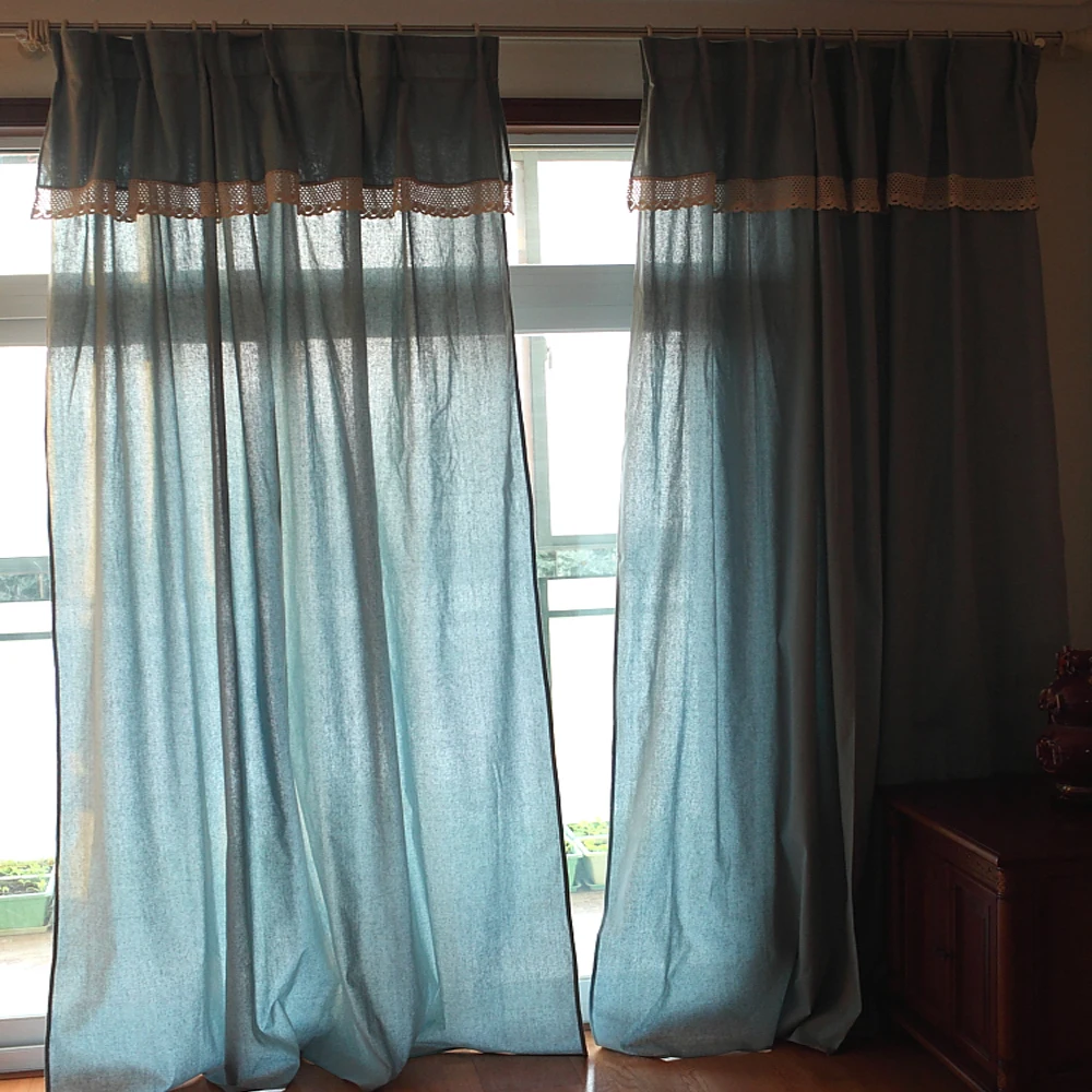 American Rural Semi-blackout Blue Curtains with Valance，Crochet Lace Cotton Linen Fabric Window Drapes for Living Room Bedroom