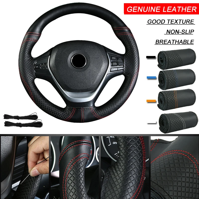 

Car Leather Hand-sewn Steering Wheel Cover Four Seasons Universal Black Anti-skid Steering Wheel Cover Car Accessories