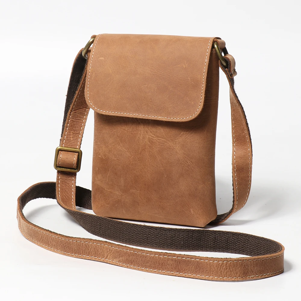 Women's Vintage Crazy Horse Leather Shoulder Bag, Cowhide Phone Sling, Messenger Bag, Adj Strap, Travel (Brown/Black/Dark Brown) view 2