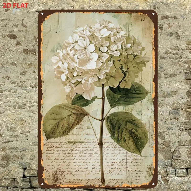 2D Flat, 1pc, Vintage Hydrangea Botanical Print Artmetal Iron Sign, Pre-Drilled Holes, Suitable for Indoor, Garden, Outdoor,