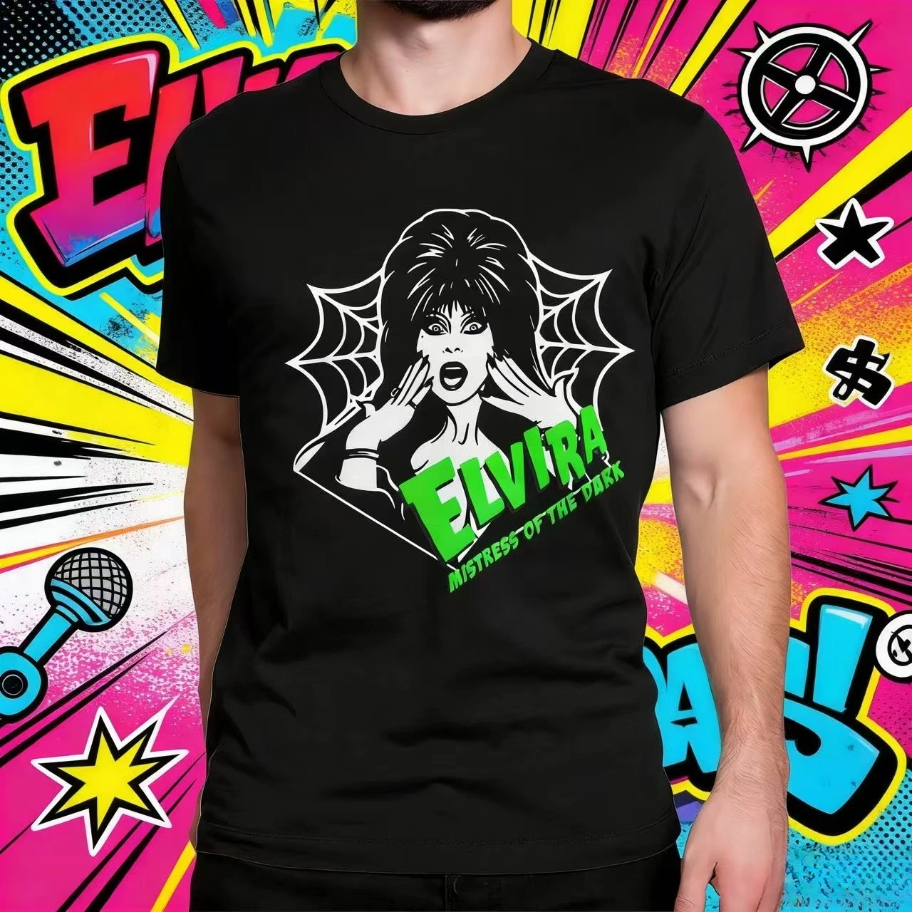 2025-26 الصيف فيلم Elviras الظلام عشيقة تي شيرت الرجال موضة الهيب هوب ريترو القطن قصير الأكمام فضفاضة قميص غير رسمي Y2k
