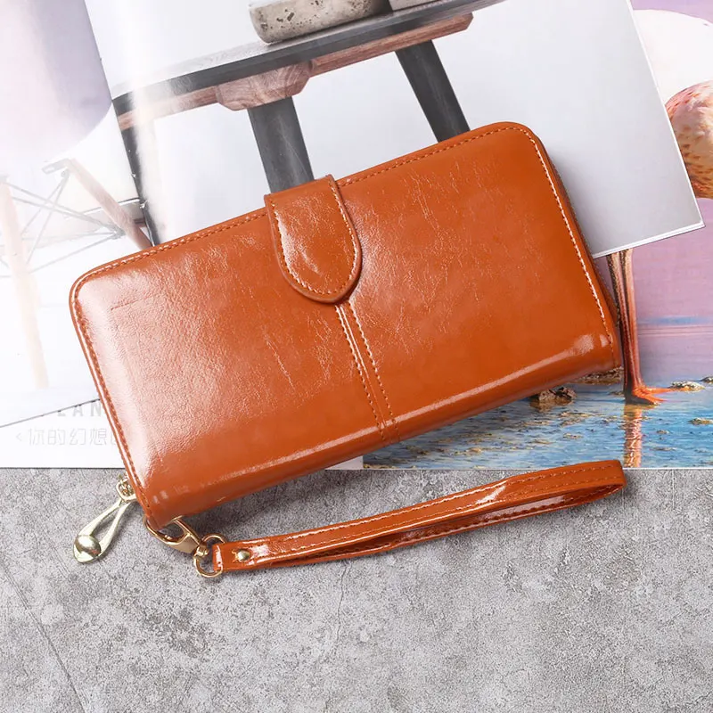 1PC Solid Color Oil Waxed Leather Wallet Cell Phone Bag Long Zipper Coin Purse Card Case