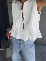 Cotton Linen White Shirt For Woman Folded Ruffles Lace Up Bow Shirts+Long Skirt Summer 2024 New Fashion Casual Sleeveless Tops