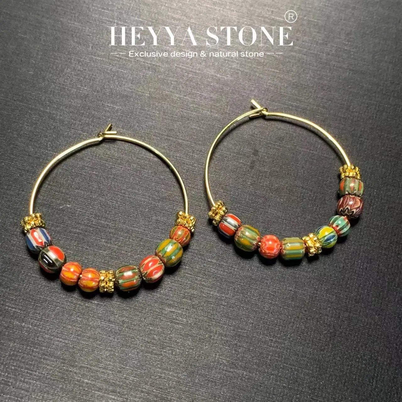 HEYYA STONE Vintage African Old Glass Hoop Earrings Simple Classic Round Circle Gemstone Jewelry Handmade 14K GOLD exclusive