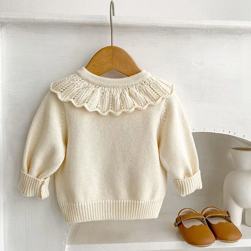 Autumn Cardigan Versatile Girl Baby Childrens Flower Embroidered Lotus Leaf Collar Knitted Pure Cotton Baby Girls Cardigan Coat