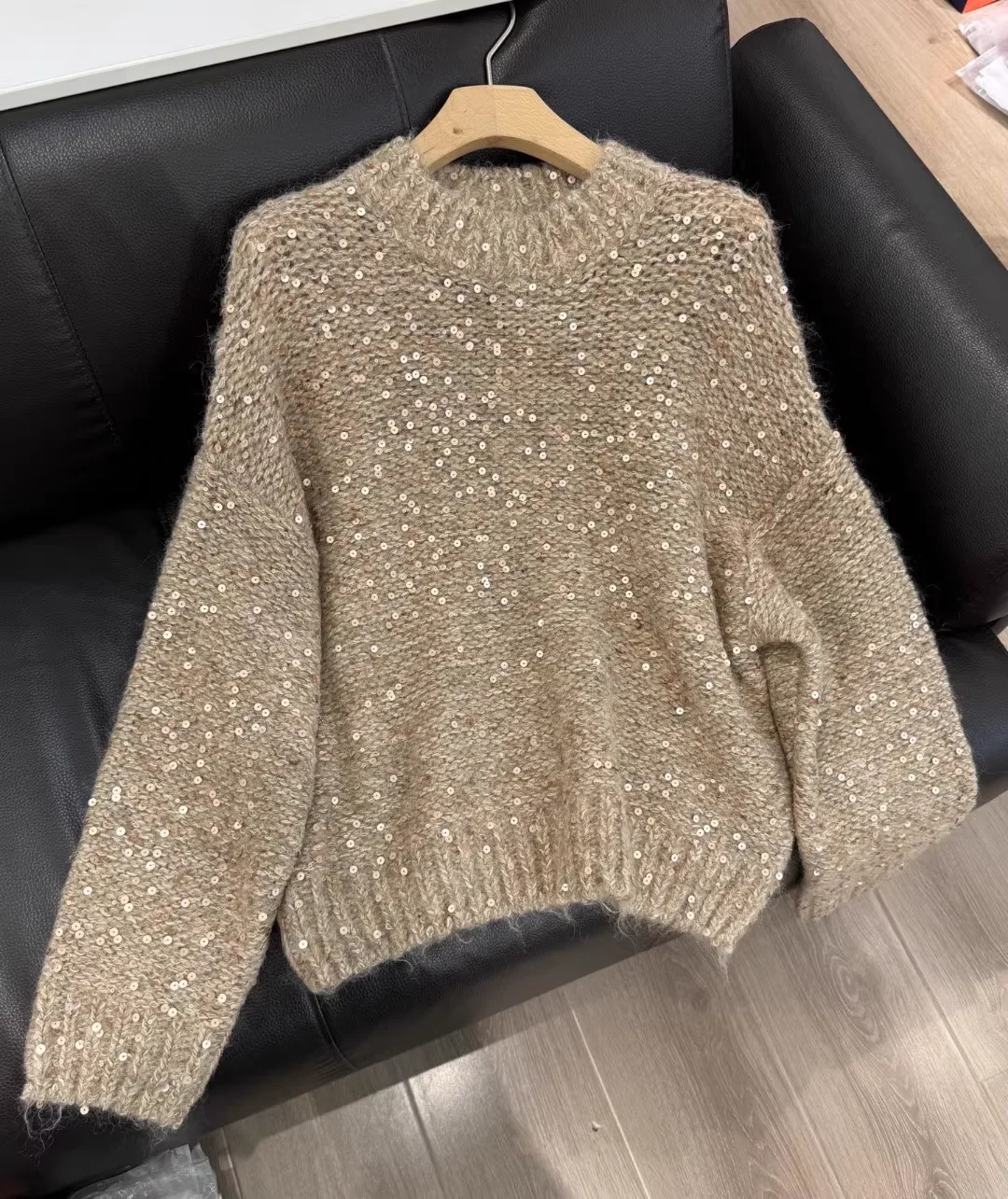 

Autumn Winter Women's Sequins Knitted Pullover Long Sleeve Round Neck Vintage Female Wool Mohair Blend Sweater