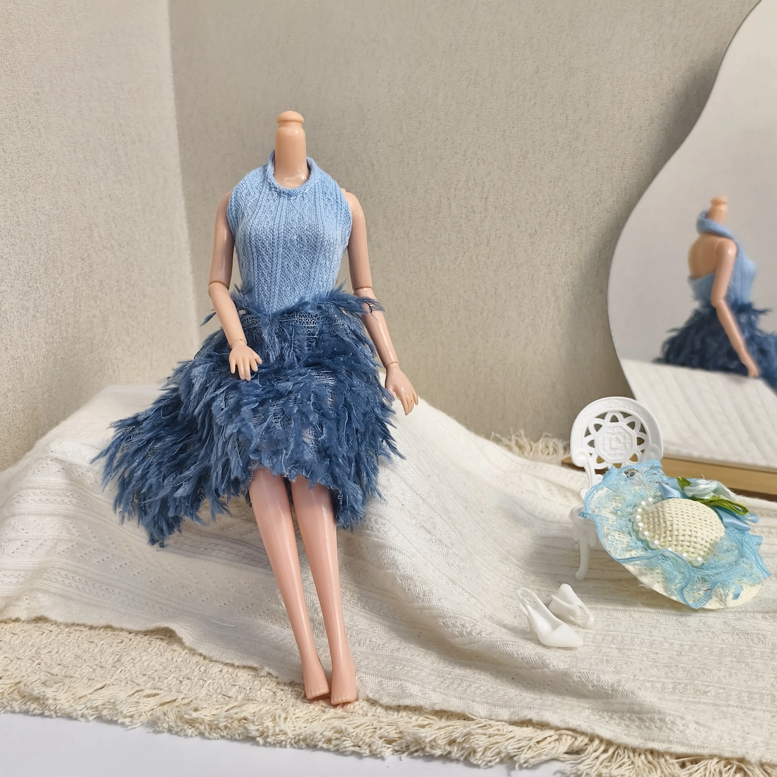 Elegant French-style Halter Neck Knitted Feather Dress For 1/6 FR Babi Xianxian Supermodel Doll 30cm Doll Clothes Accessories