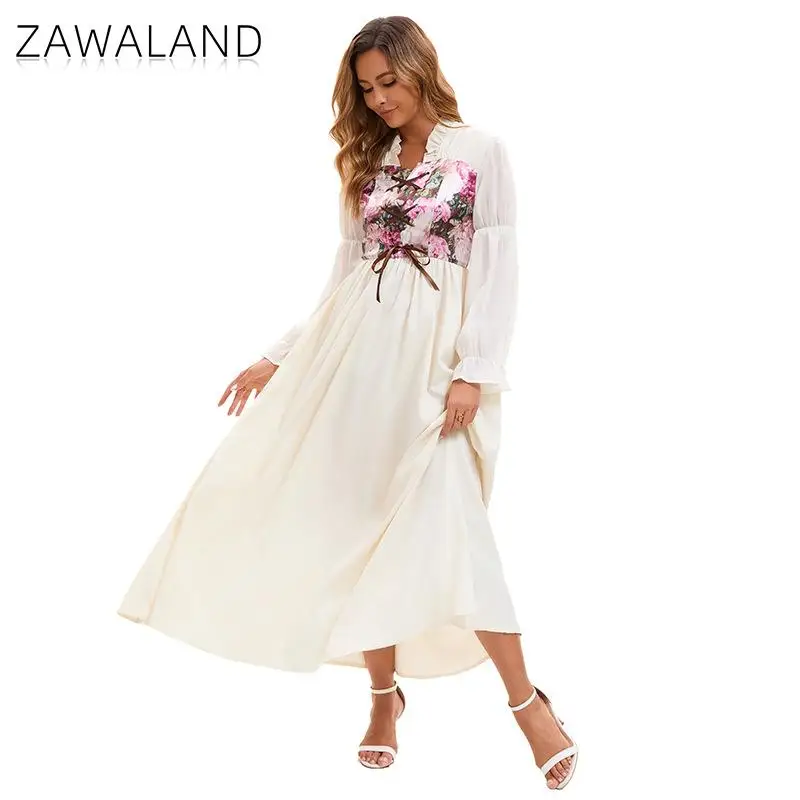

ZAWALAND Halloween Medieval Renaissance Costume Women Ruffle Neck Floral Print Maxi Dress A-Line Gown Party Wedding Guest Dress