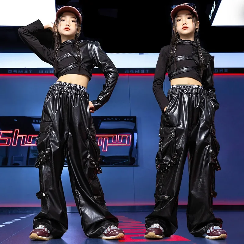 Girls' Jazz Dance Costumes Fashion Women's Group Performance Black Suit Kpop Dance Set Black Leather Heatwave Phat Pants 10 12