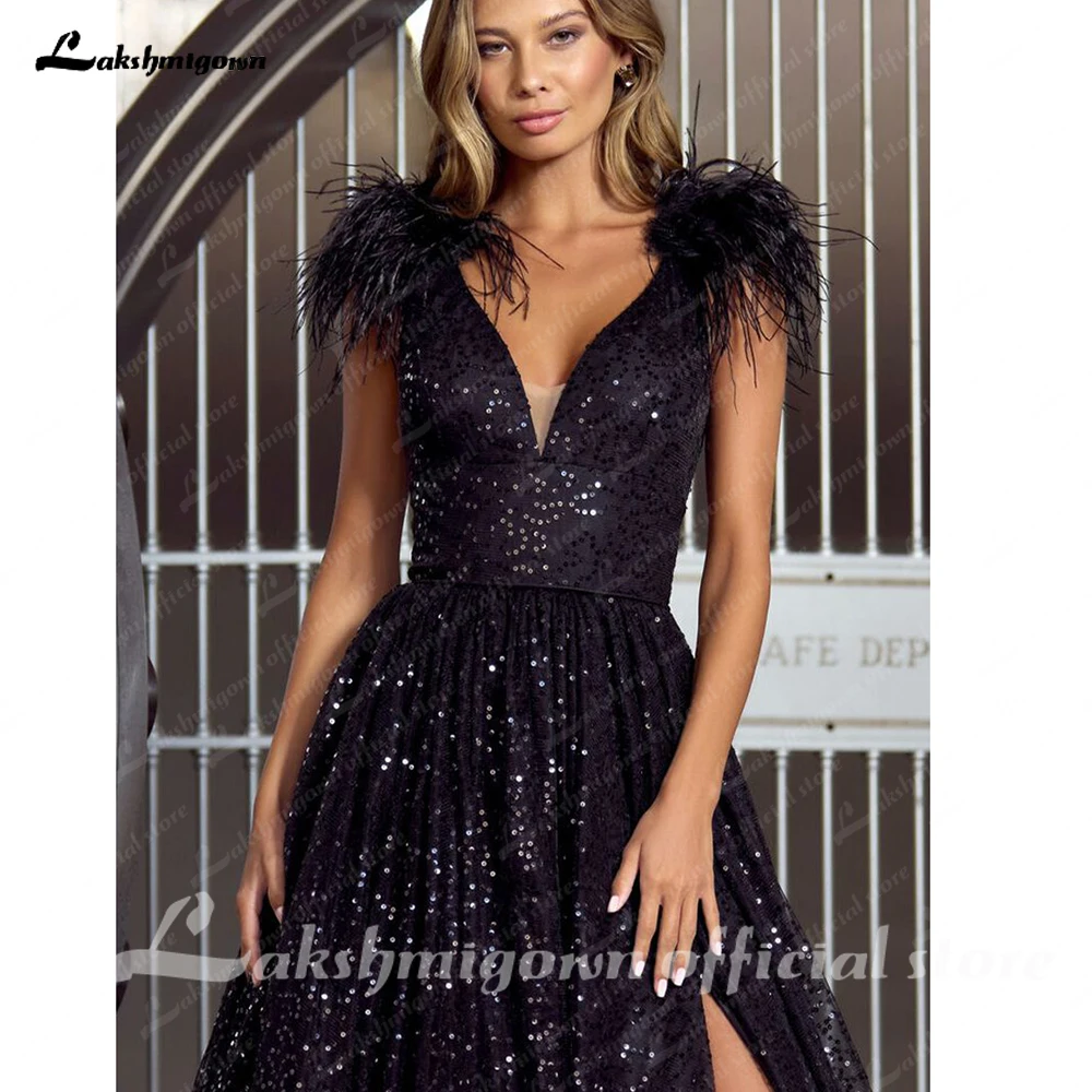 Lakshmigown Glitter Sequins A-line Wedding Dress Shiny Black Wedding Gown Feather On Shoulder Floor Lenght Party Dress