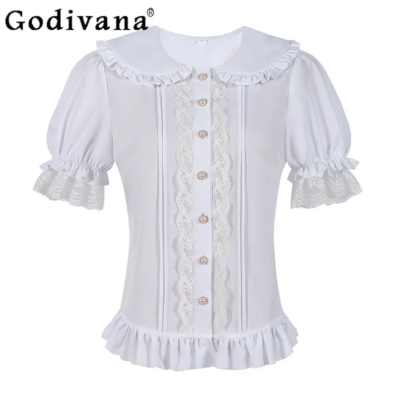 

Temperament Girl Vintage Ruffles Leisure Lolita Britain Short Sleeve Shirt Sweet Peter Pan Collar Lace Age Reducing Japanese Top