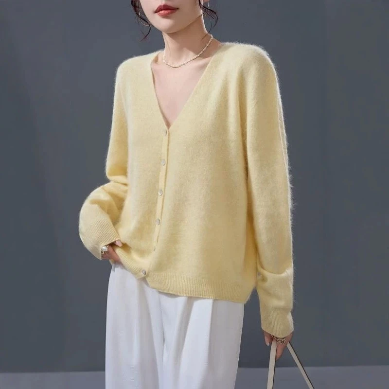 2026 autumn and winter brushed mulberry silk wool and cashmere sweater knitted V-neck cardigan jacket