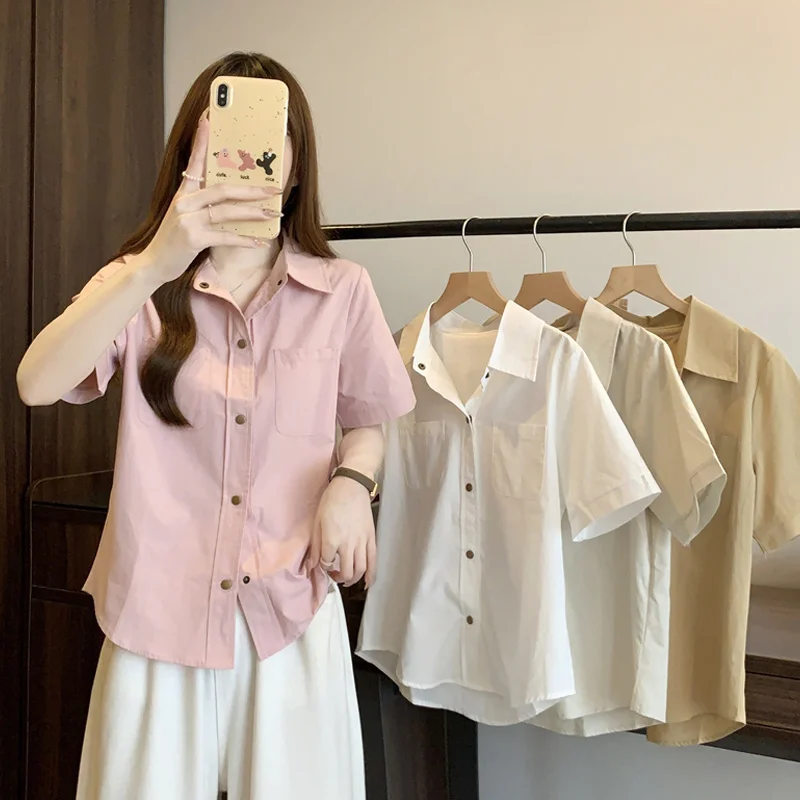 

Short Sleeve Shirts Womens Poplin Stand Collar Pintucked Slim Fit Shirt Home Comfort Minimalist Modern Artistic Student Youthful