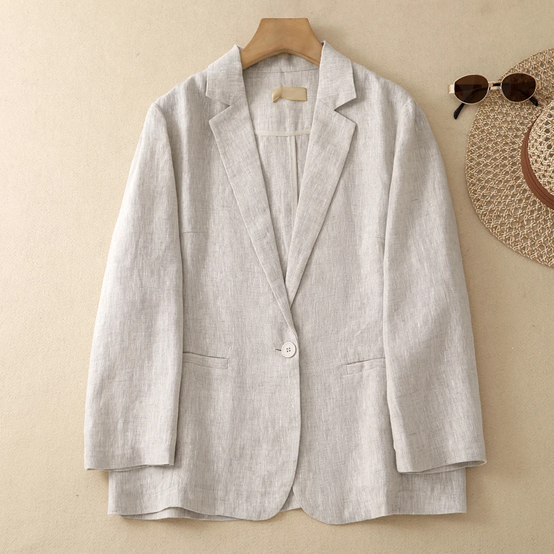 Women's Casual Cotton Linen Thin Outerwear Spring Autumn Long Sleeve Pure Color Top Fashionable Versatile Lightweight Jacket