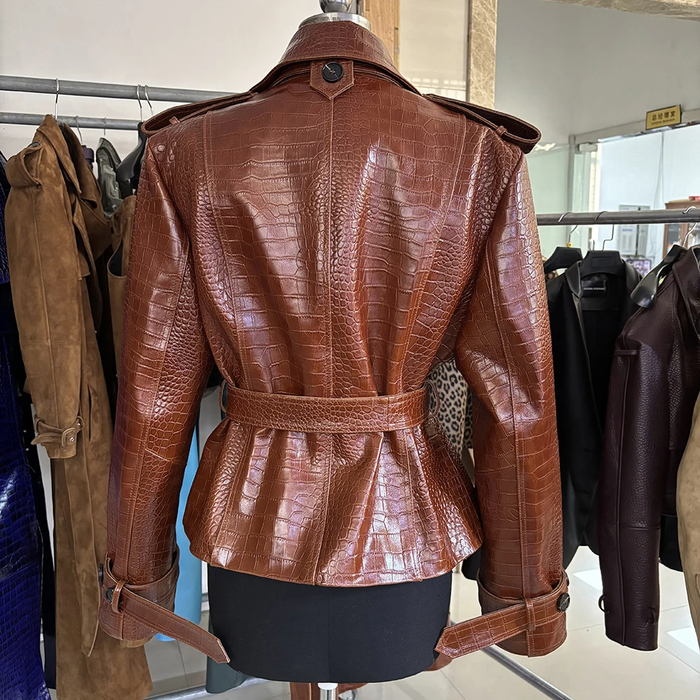 YOLOAgain Double Breasted Croc Pattern Leather Jacket Women 2026 Autumn New Genuine Leather Jacket Ladies