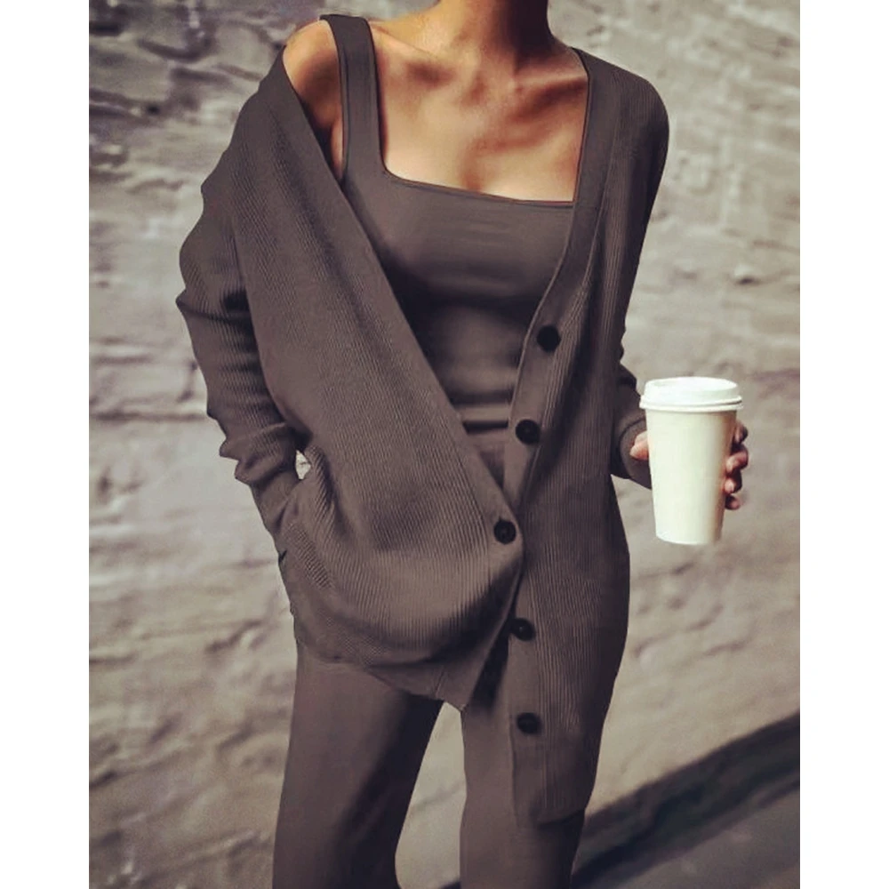 Women Square Neck Tank Top & Pants Set With Buttoned Cardigan Fashion Femme Knitted Ribbed Three Pieces Long Sleeve Suit Set