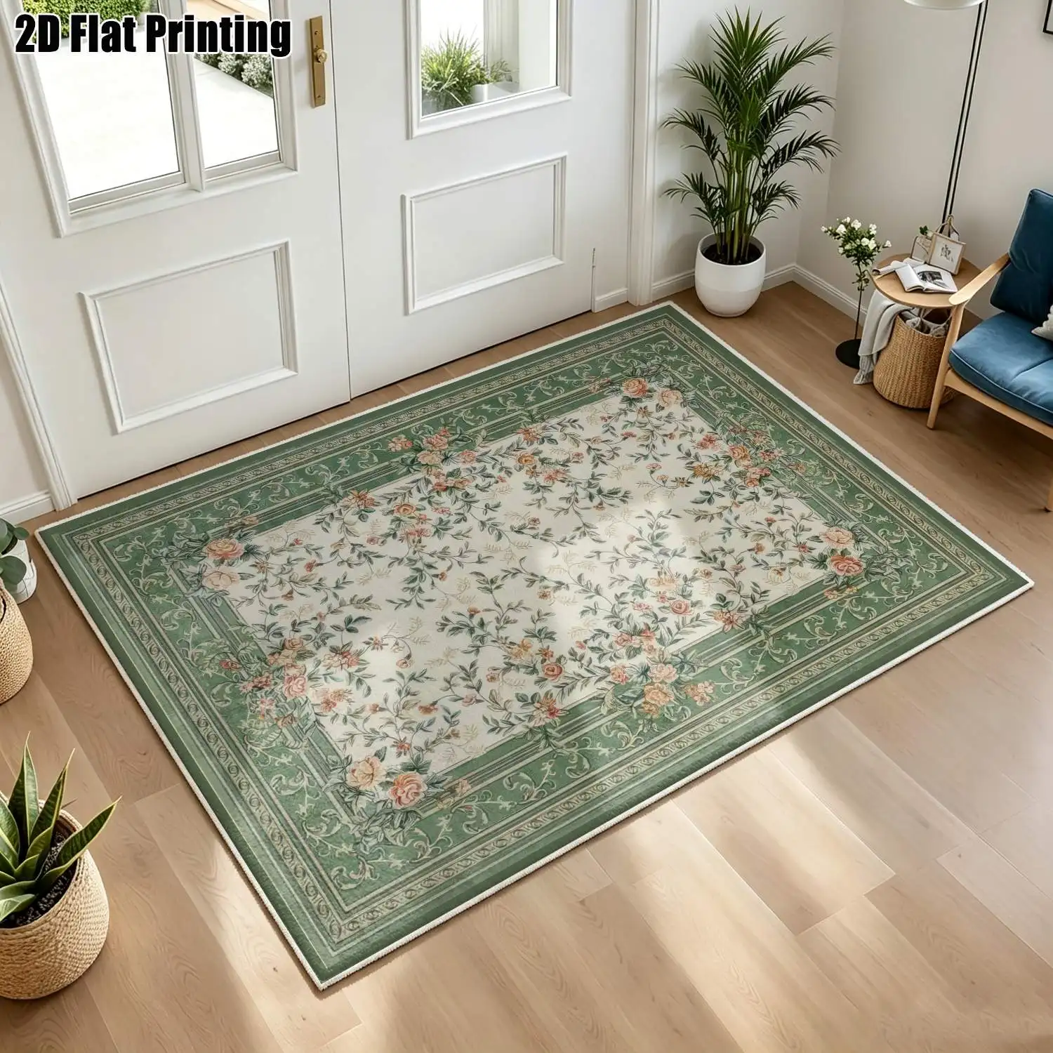 1Pc 2D Printed Velvet Carpet, Green Border, Beige Base Pink Flower Pattern, European Retro Minimalist Style, Machine Washable, Multi-Size for Home Decor Multi-Scene Use