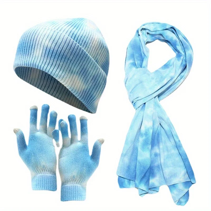 Tie Dye Knit Set 3Pcs Hat Gloves Scarf For Women Autumn Winter Outdoor Cold Protection Fashion Accessories