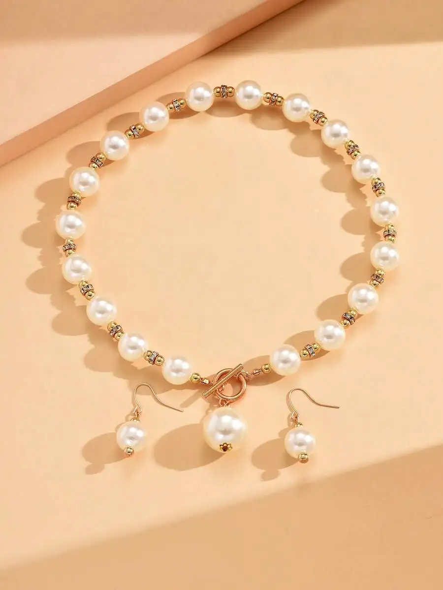 

Faux Pearl Decorative Necklace with Matching Drop Earrings Set
