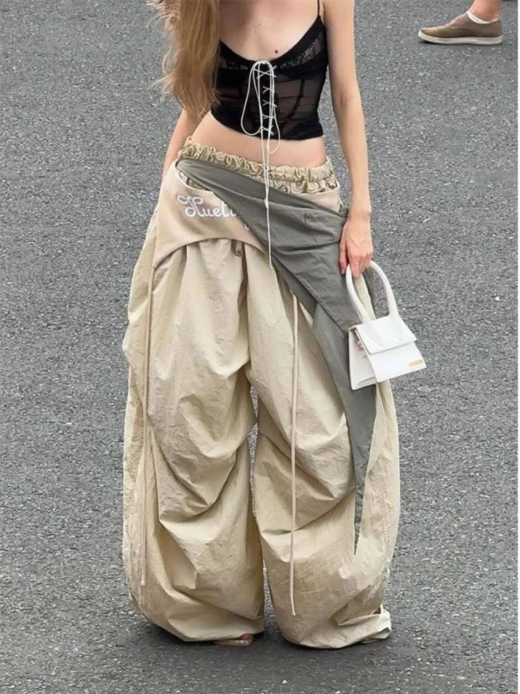 

Deeptown Contrast Color Irregular Tie Up Women Cargo Pants Oversized Wide Leg American Style Parachute Pants Hip Hop Streetwear