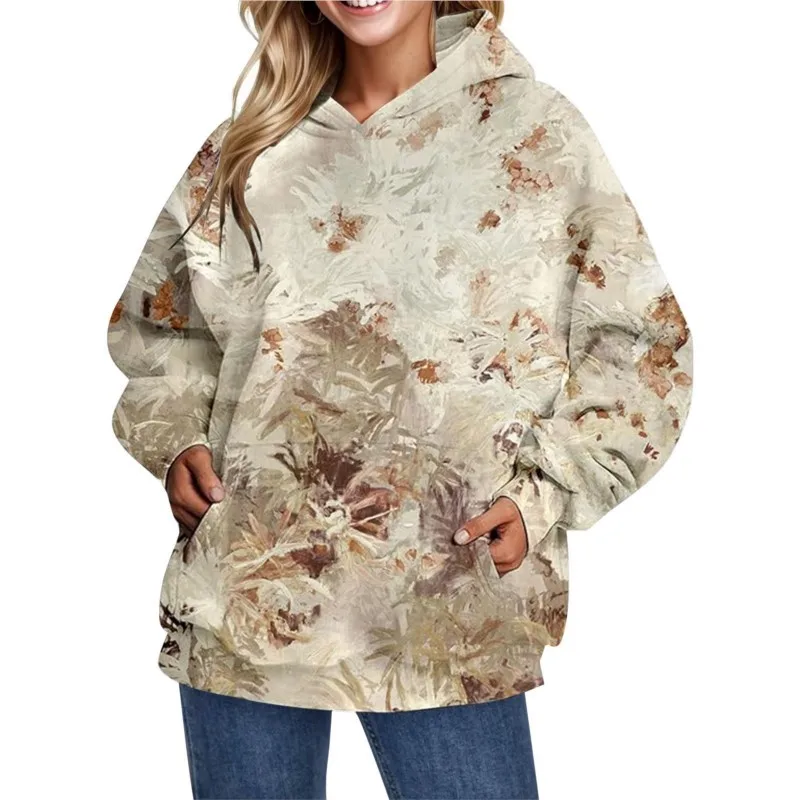 

Women's New Autumn Leaf Print Hoodie Fashion Long Sleeve Sweatshirt Pocket Loose Jacket Ladies Casual Holiday Sweatshirt Hooded