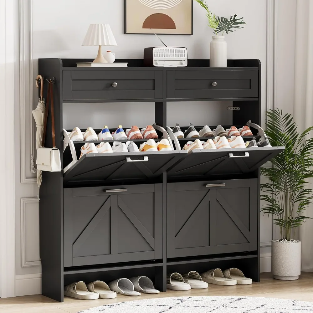 

Shoe Cabinet with 4 Flip Drawers & 2 Top Drawers, 43" Tall Freestanding Narrow Wooden Shoe Storage Organizer