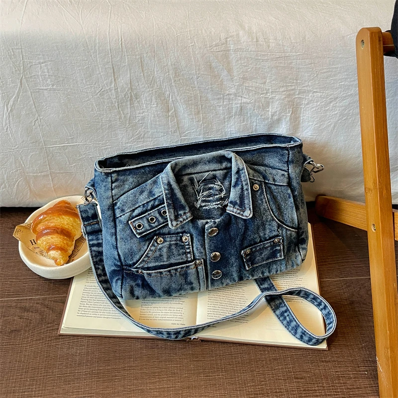 Vintage Denim Shoulder Bag Women Retro Jacket Design Crossbody Bag Fashion Washed Jeans Handbag Streetwear Small Purse