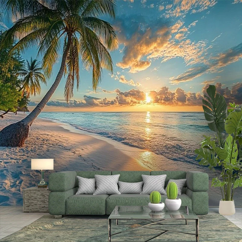 1PC Beach Sunset Palm Tree View Print Backdrop Banner, Bedroom Living Room Photo Background, Polyester, Home Decor, Wall Art