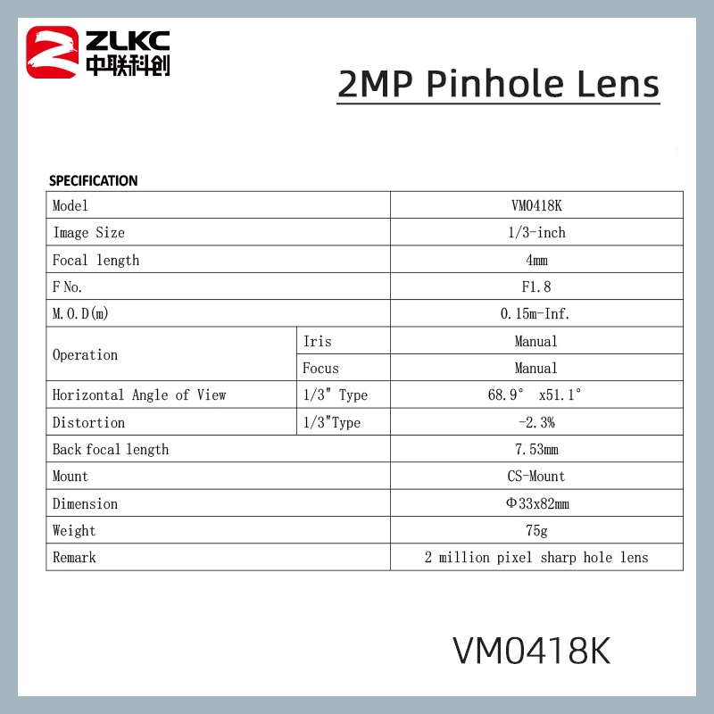 2 Megapixel Manual Iris Pinhole Lens 4mm, 1/3