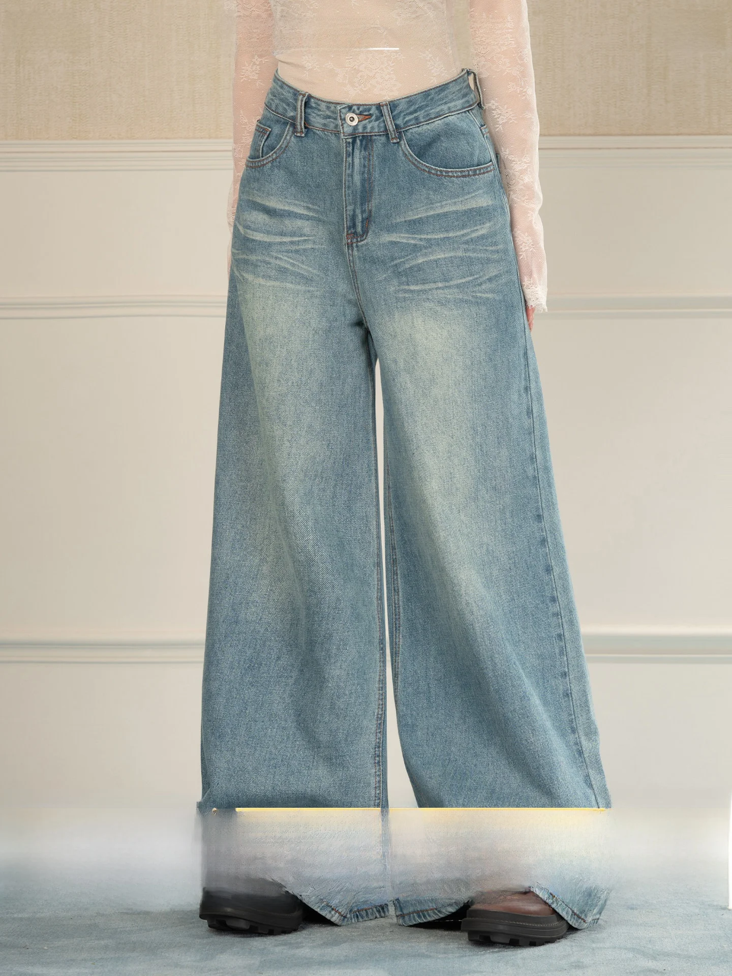 

Heynew Deep Blue Vintage Waed Straight Leg Jeans Women's Spring Summer New High Waist Sle Super Beautiful Long Pants