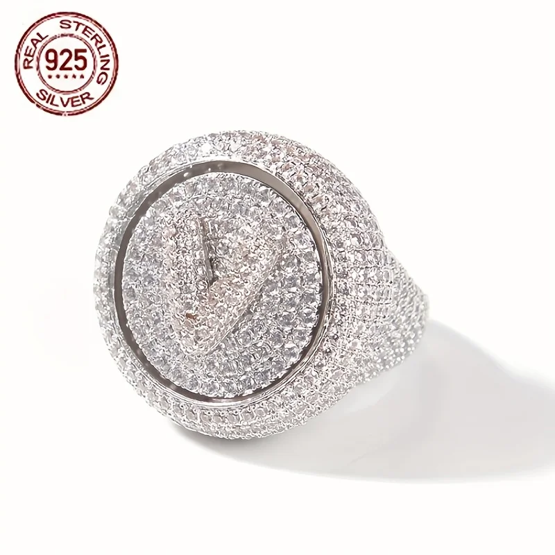 

Luxury V Letters Fully Iced Out 925 Sterling Ring Hip Hop Style Icy Zircon Round Shape Huge Finger Rings Rapper Jewelry