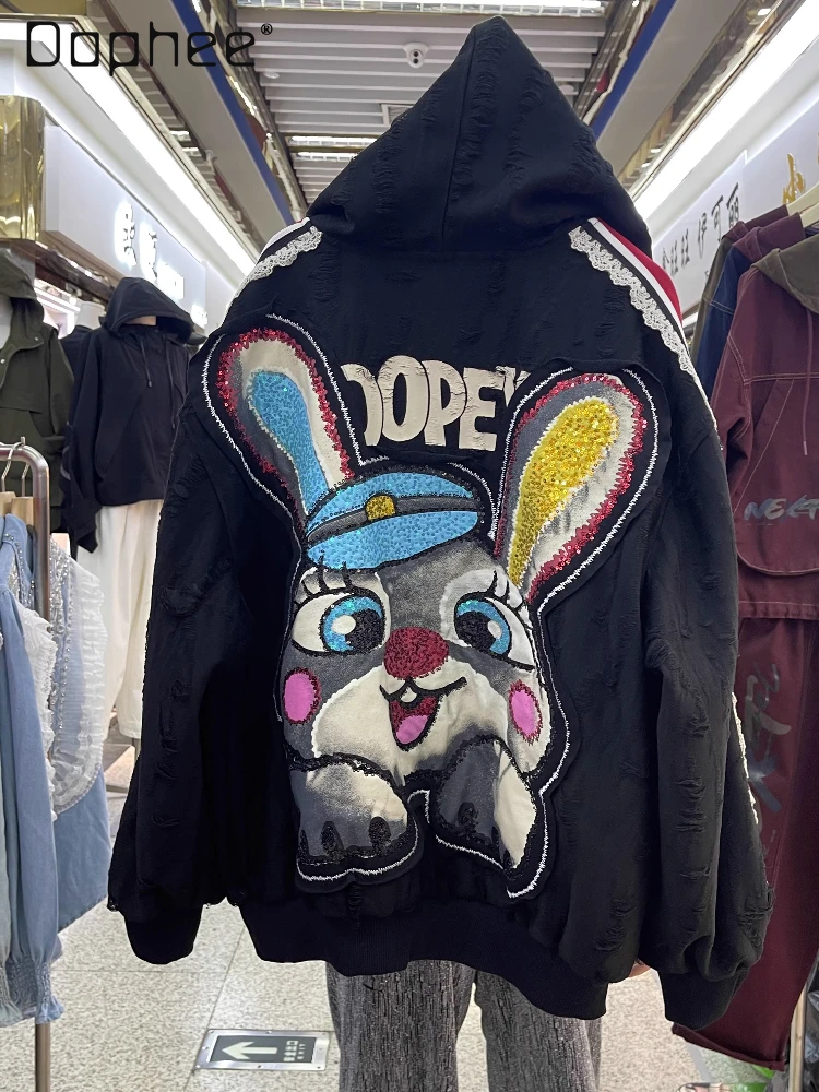 

Модная брендовая женская куртка с тяжелыми блестками и мультяшным кроликом, осень 2022, новая свободная универсальная возрастная куртка с капюшоном, топ