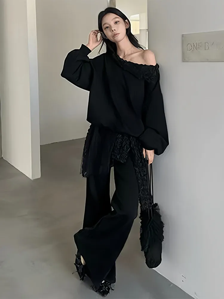 

Stunning Bla Me Splice Sweatirt Wide Leg Pants Set for Women Spring Autumn New Sle Casual Loose Fit round Ne Hoodie