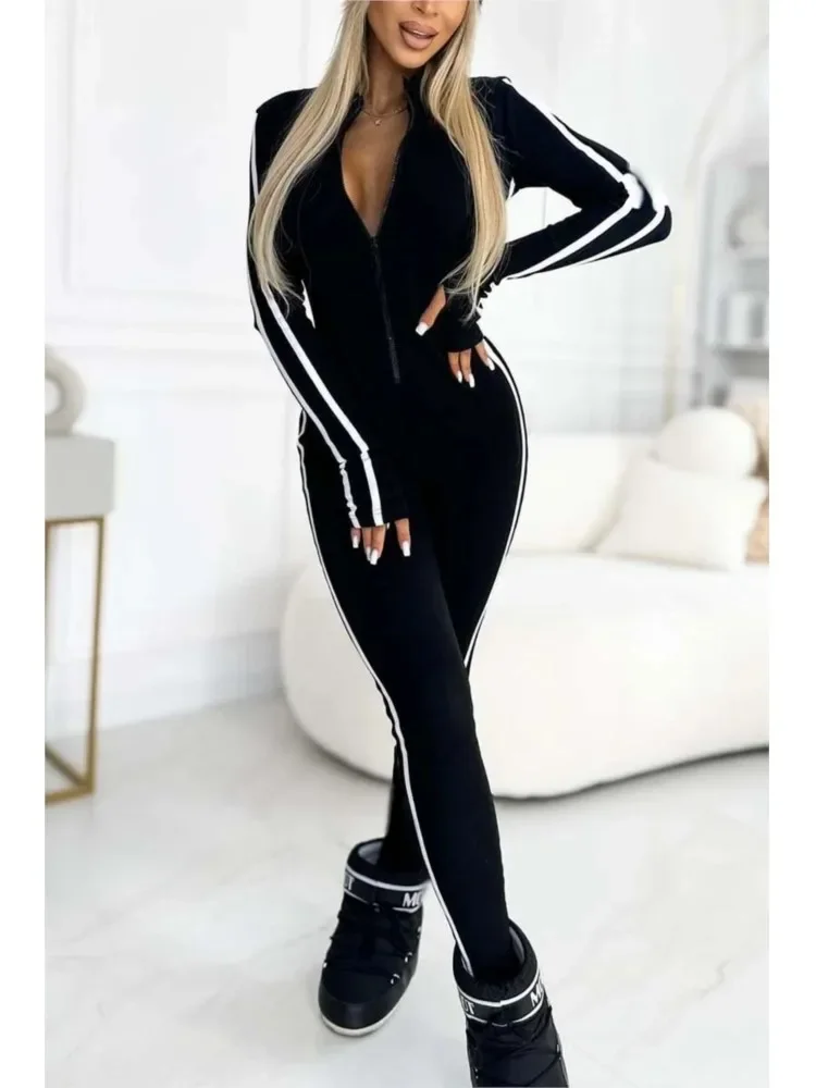 Autumn Winter Casual Bodycom Jumpsuit Women 2024 New Long Sleeve Zipper Neck Temperament Sport One Piece Solid Pencil Jumpsuits