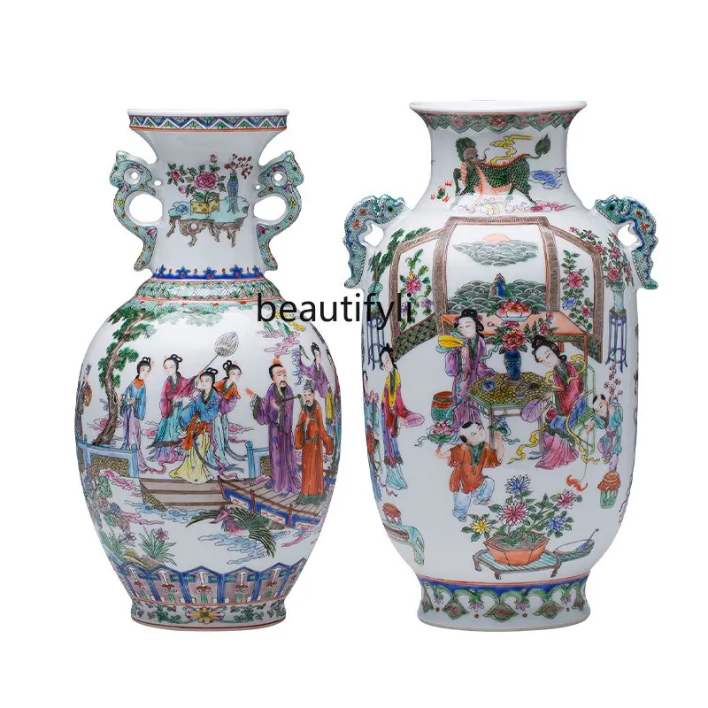 Jingdezhen Porcelain Vase Hand Painted Pastel Figure Retro Ceramic Vase Chinese Style Living Room Flower Arrangement Ornaments