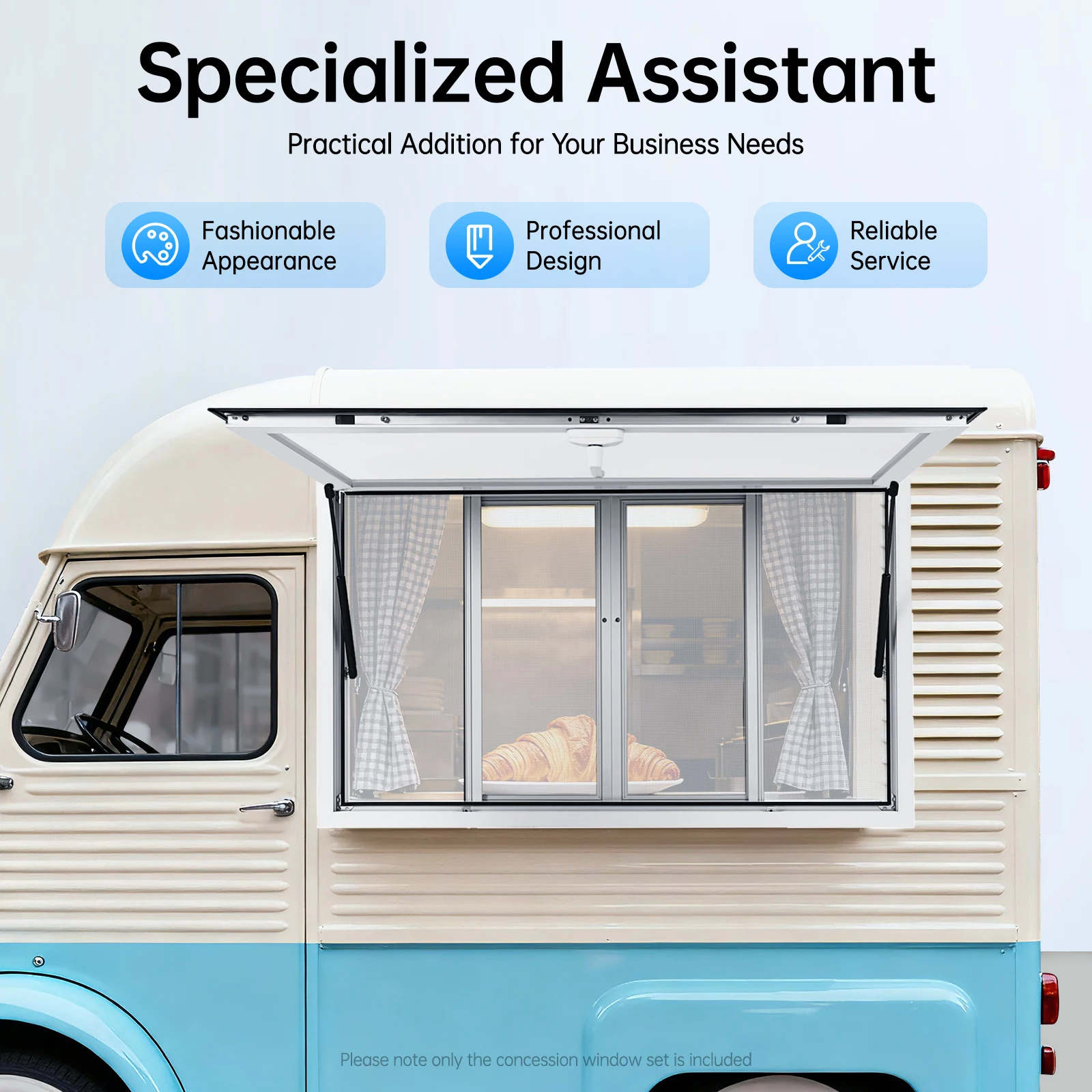 

Concession Window with Lock Food Sliding Screens Trailer Service Window for Food Trucks Pneumatic Rods