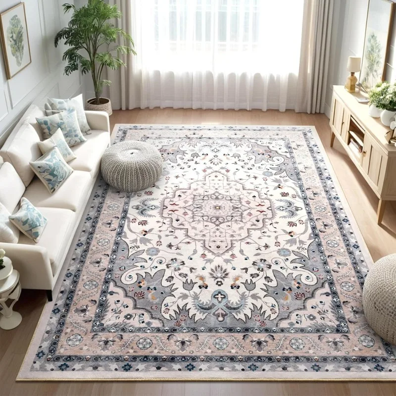 

Large Non-Slip Vintage Carpet for Living Room Low Pile Floral Machine Washable Sofa Coffee Table Floor Mat Bedroom Bedside Rug