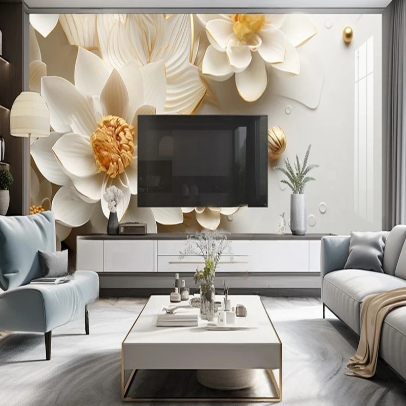 Modern Simple Wallpaper Custom 3D Stereo White Lotus Floral Photo Mural Art Living Room Bedroom Study Kitchen TV Background