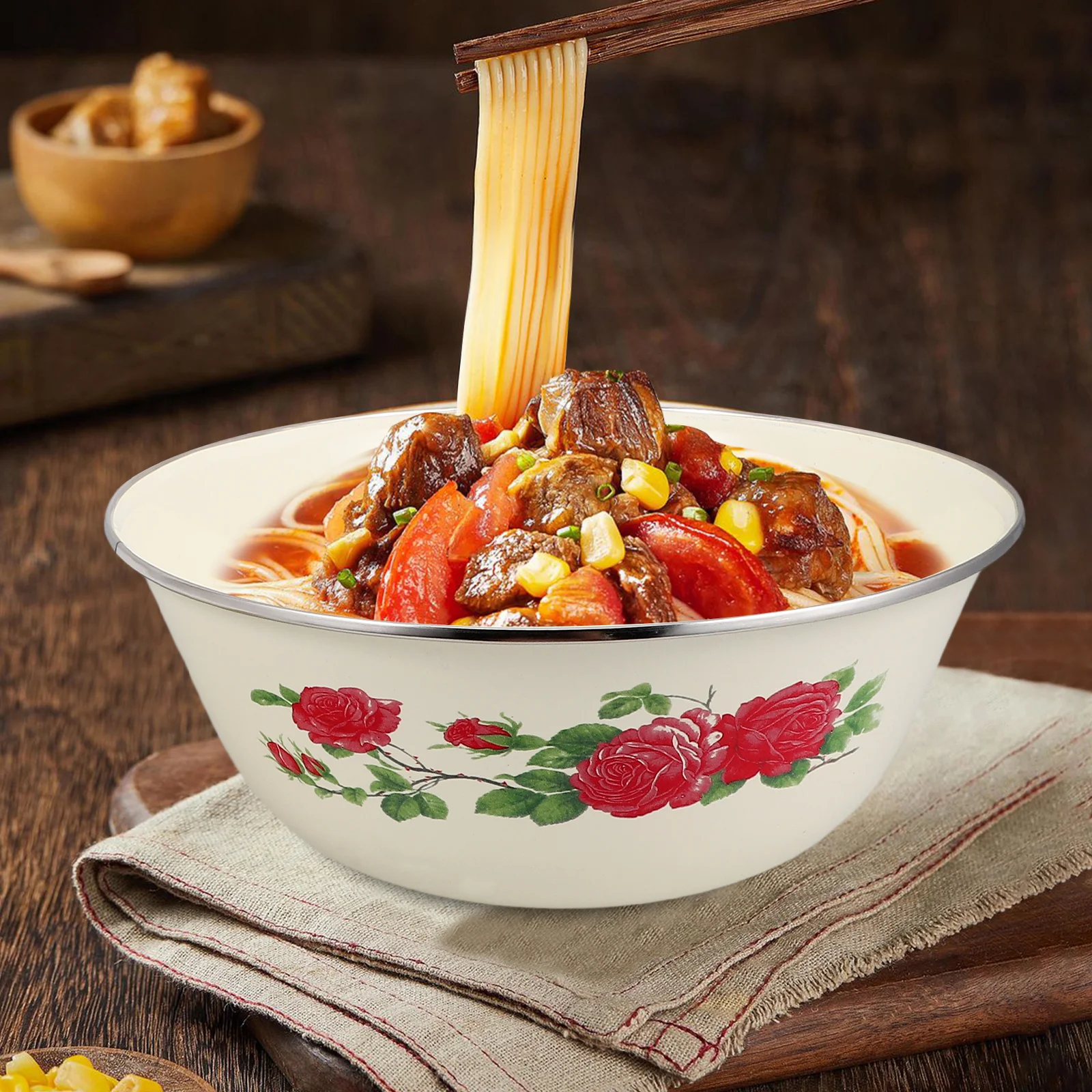 2Sets Enamel Food Storage Bowls with Lids Thick Soup Salad Noodle Bowls Multipurpose Kitchen Containers